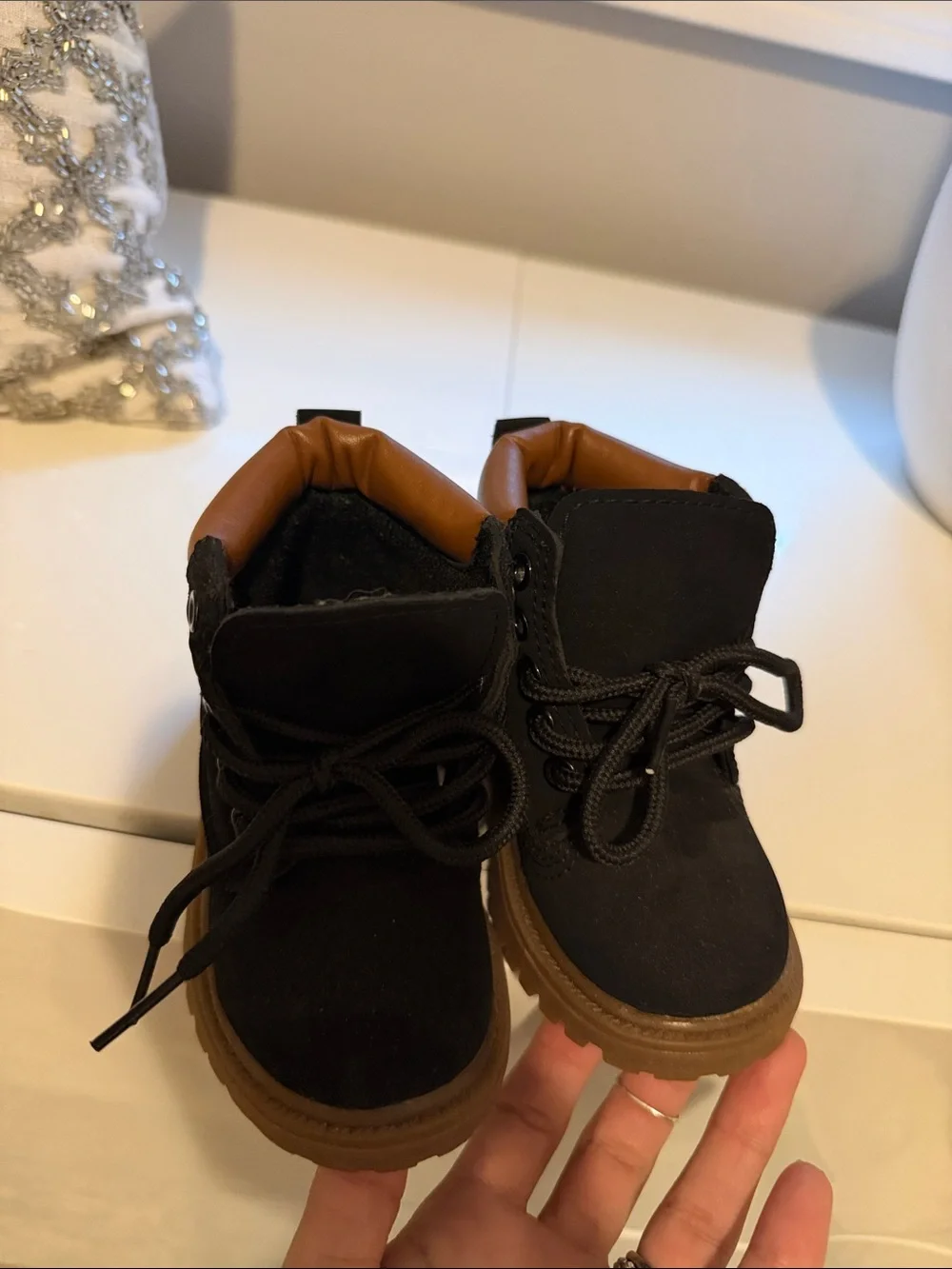 Kids Black Nubuck Lace-Up Boots with Brown Sole